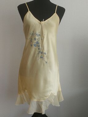 Secret Treasures Cream Satin Slip with Blue Floral Embroidery